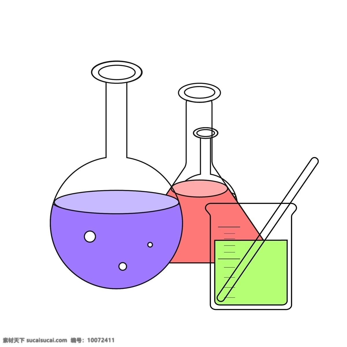 玻璃 瓶装 化学 用品 白色实验气泡 粉色液体插画 量杯测量 白色搅拌器 化学用品 绿色固态溶剂