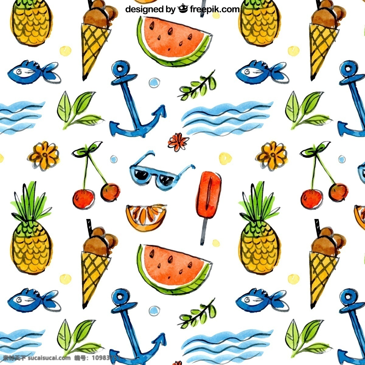 假期 元素 无缝 背景图片 菠萝 冰淇淋 西瓜 海浪 船锚 矢量 高清图片
