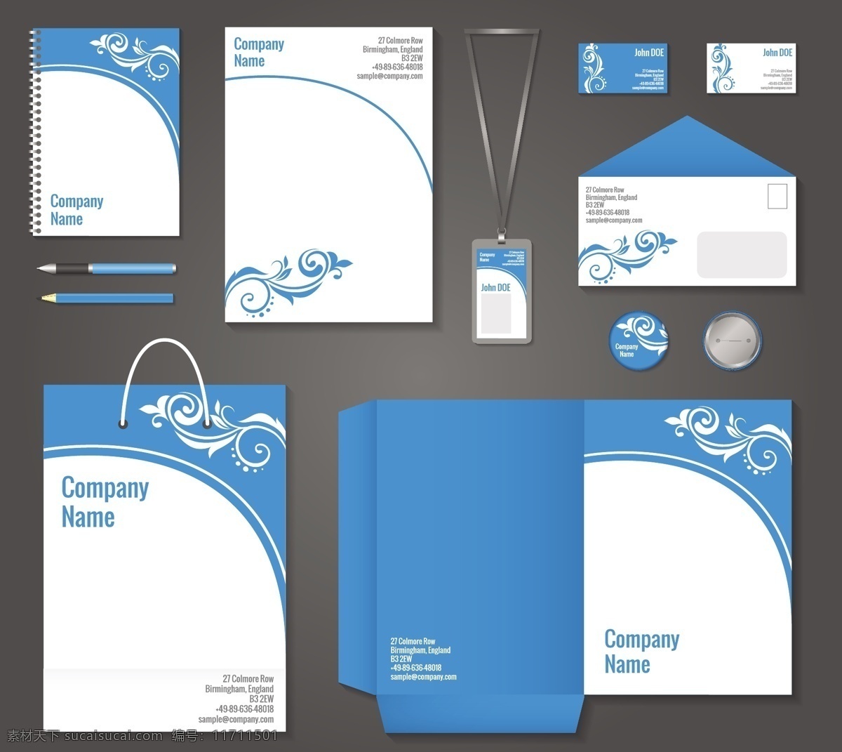 蓝色 白色 花卉 卷曲 企业 文具 模板 身份 品牌 设置 矢量 插图 名片 商务 抽象 卡片 封面 技术 几何 自然 目录 公司 企业形象
