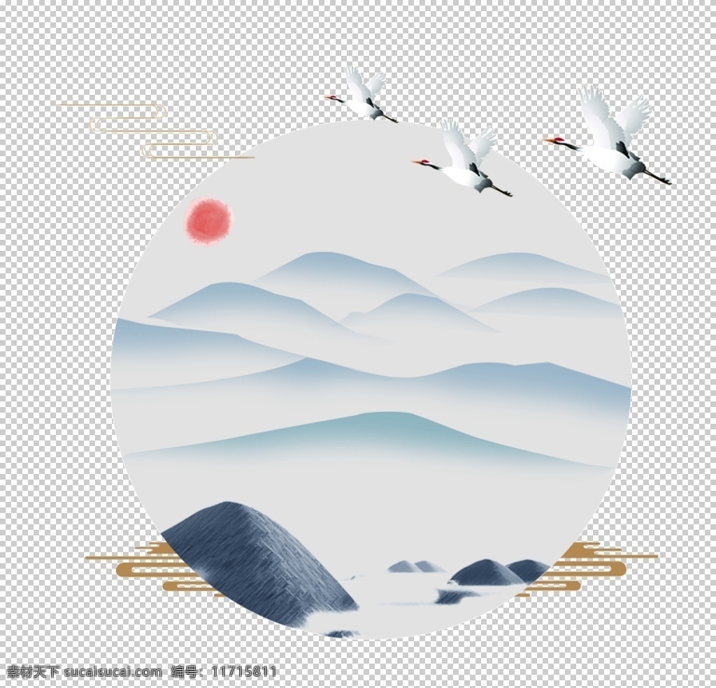 山水 仙鹤 复古 背景 海报 素材图片 png格式