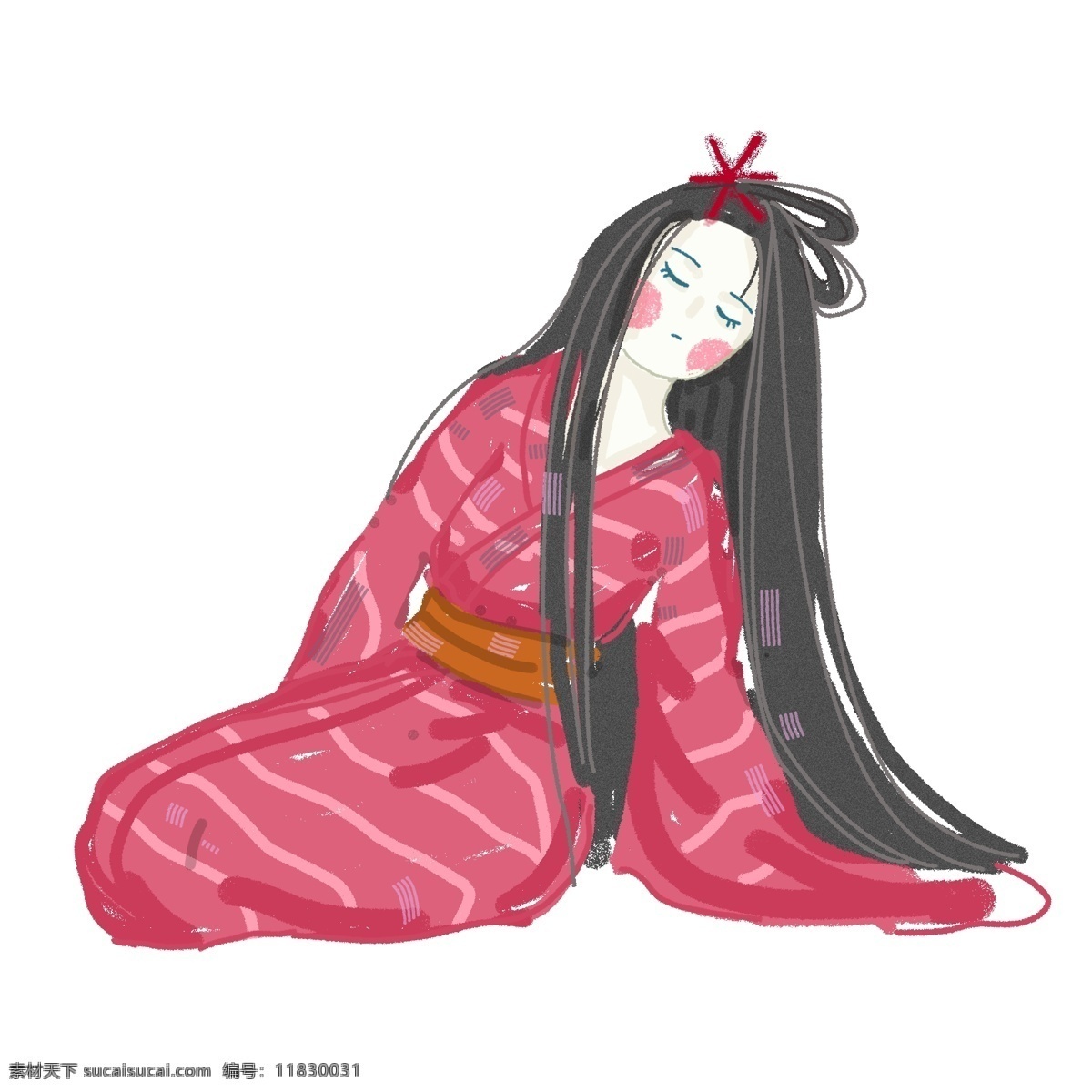 手绘 穿着 和服 日本 少女 卡通 插画 小清新 人物插画 女生