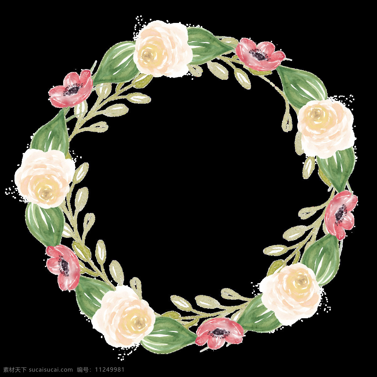 清新 淡 橙色 花朵 手繪 花環(huán) 裝飾 元素 淡色花瓣 花瓣 花環(huán)圖案 綠葉