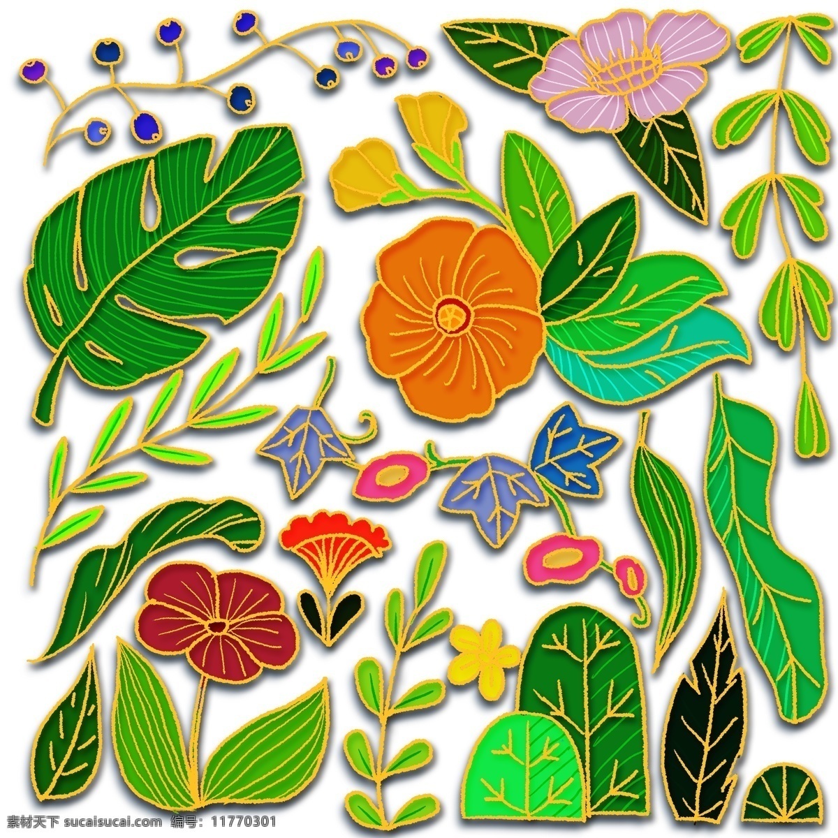 手绘 花纹 金边 精致 花边 花卉 花朵 绿色 叶子 绿叶 绿植 植物 花 树叶 装饰