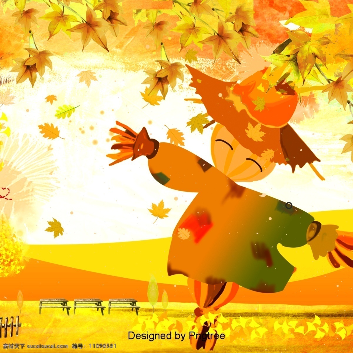 美丽 多彩 的卡 通 可爱 手绘 水彩 秋天 稻草人 背景 卡通 金色