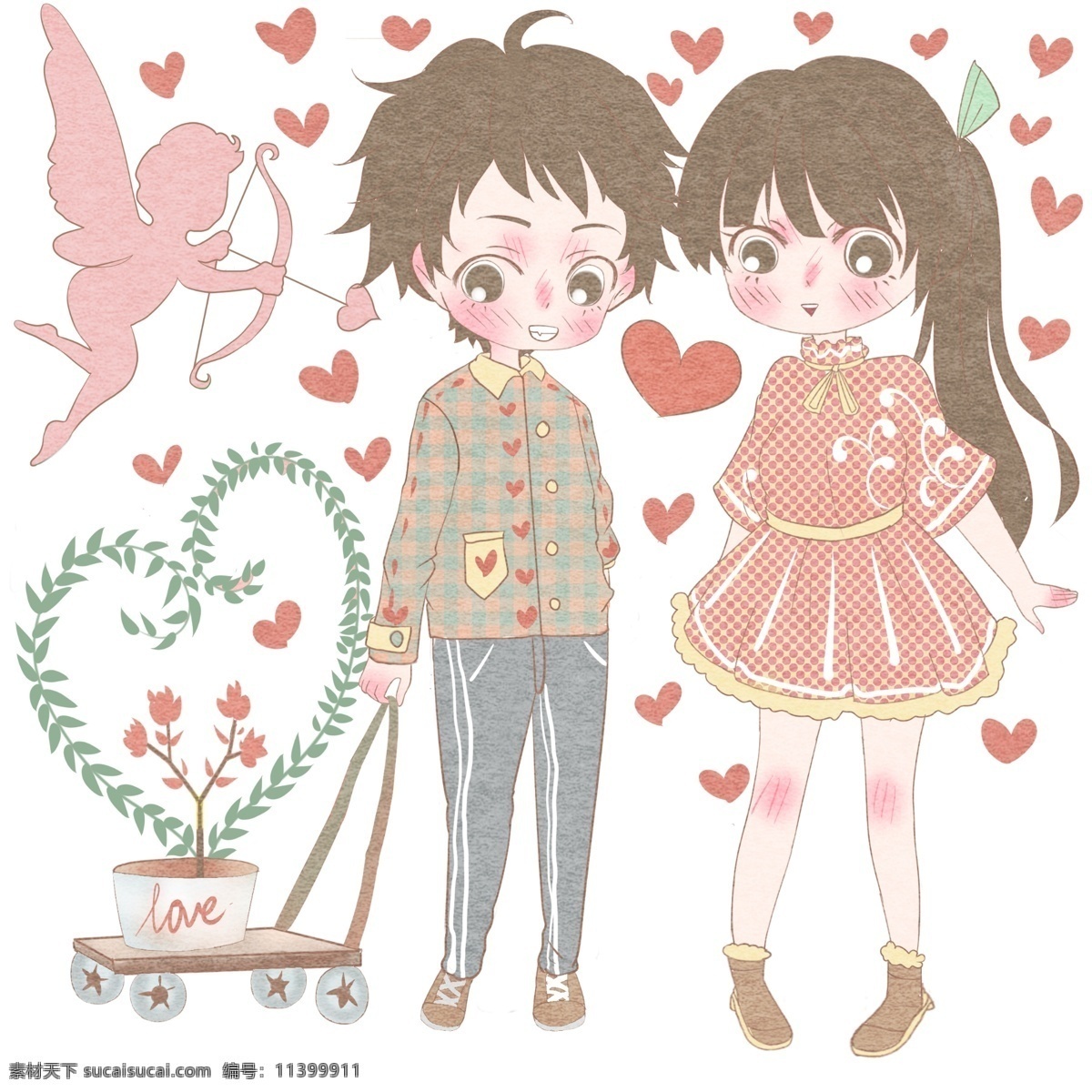 情侶 栽種 紅色 玫瑰 愛情 結(jié)晶 相配 完美無瑕 幸福浪漫 情人節(jié) 原創(chuàng) 丘比特 粉色 剪影 相稱 一對璧人 綠色愛心藤曼