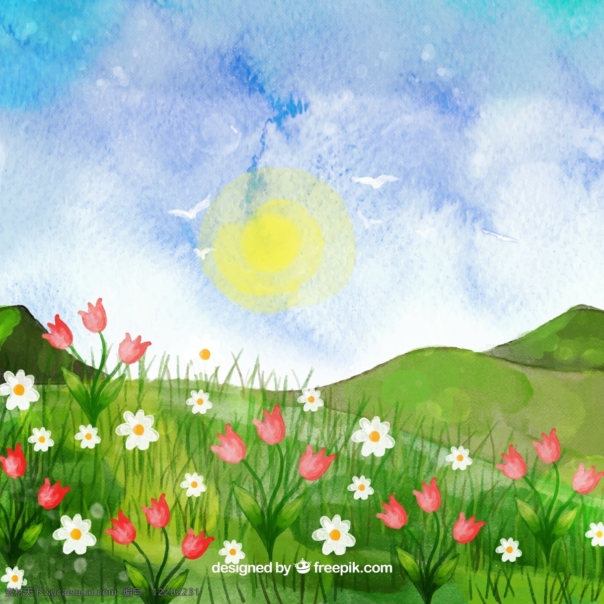 水彩 绘 郊外 野花 风景 矢量 草地 太阳 云朵 山花丛 水彩画路