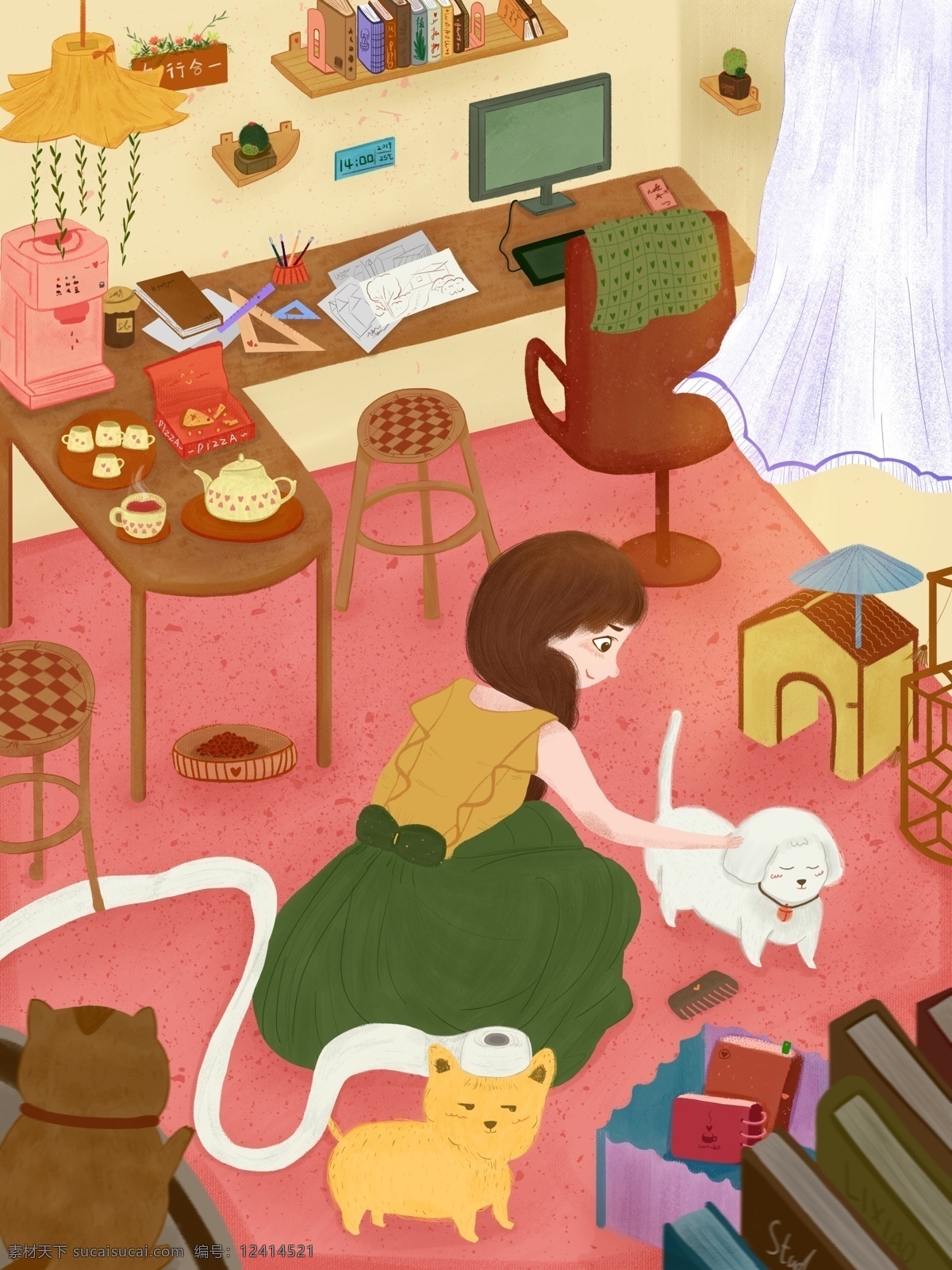 粉色 彩绘 插画 室内 温馨 女孩 撸 狗 背景 粉色背景 广告 浪漫