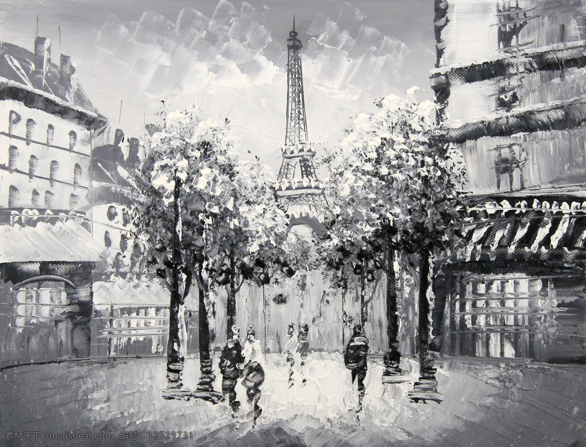 巴黎街景油画 巴黎街景 黑白 手绘油画 时尚装饰 装饰画 绘画书法 文化艺术