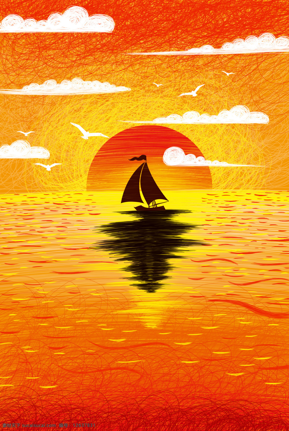 夕阳 日落 帆船 插画 卡通 背景 素材图片 清新 类