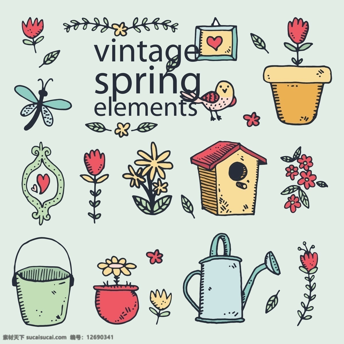 春天花卉 框架 花卉 手 鸟 自然 春天 手绘 植物 绘画 开花 桶 花瓶 鲜花 饰品 蜻蜓 白色