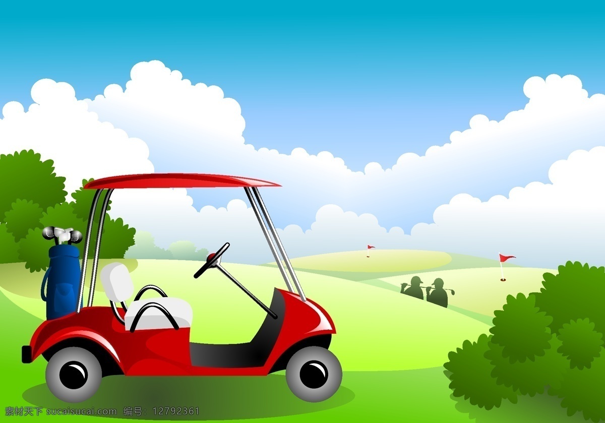 高尔夫球场 高尔夫车 工具车 卡通风景 风景背景 风景插画 蓝天白云 草地 花草 树木 植物绿化 高尔夫球 高尔夫球车 交通工具 现代科技