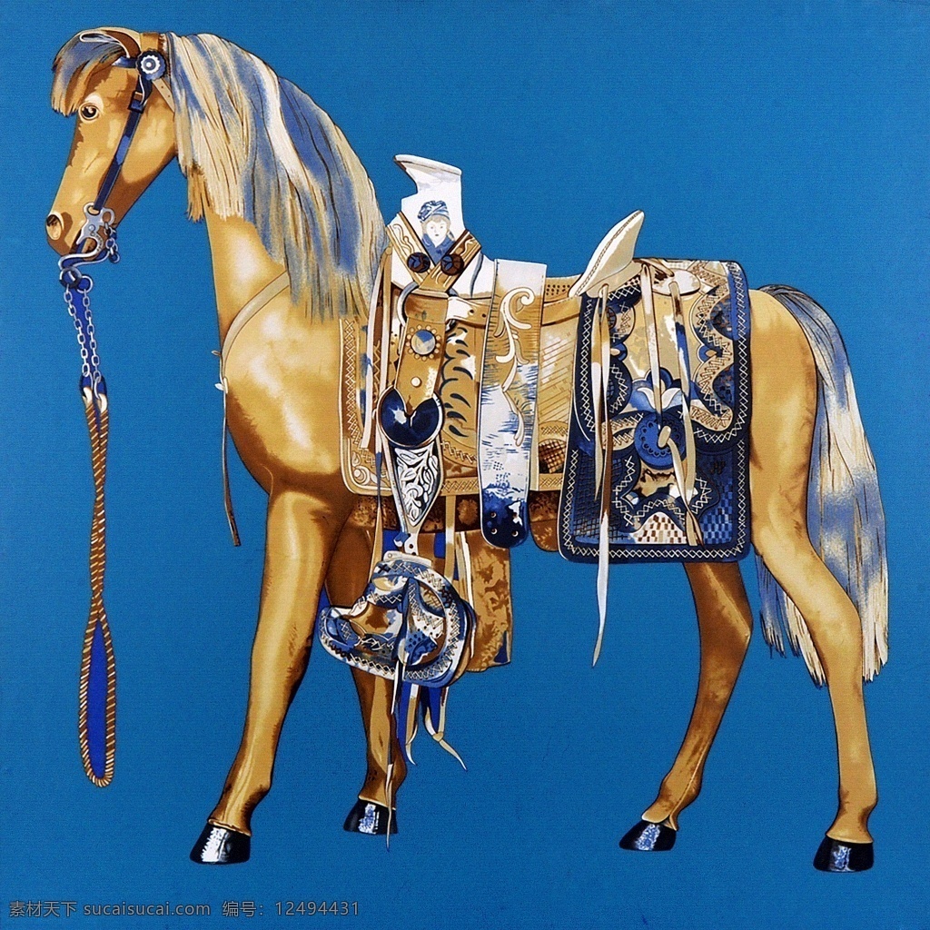 蓝色 彩绘 马匹 马鞍 针 绣 装饰画 彩色 针绣活 手绘