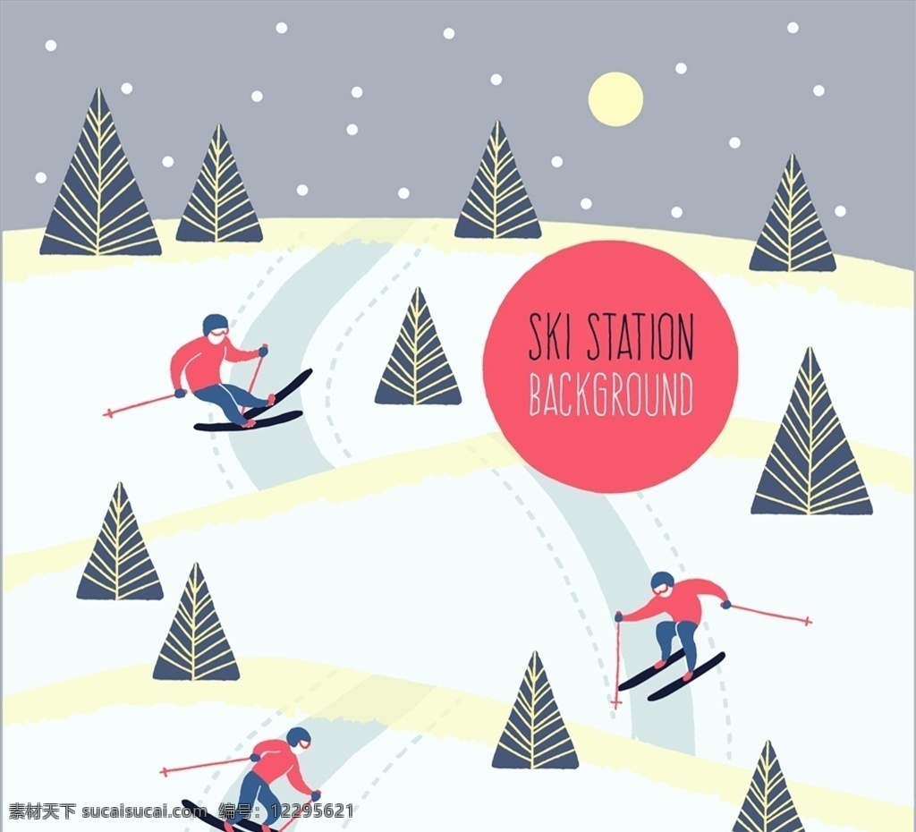 创意 雪地 滑雪 人物 雪花 松树 树木 人物图库 职业人物