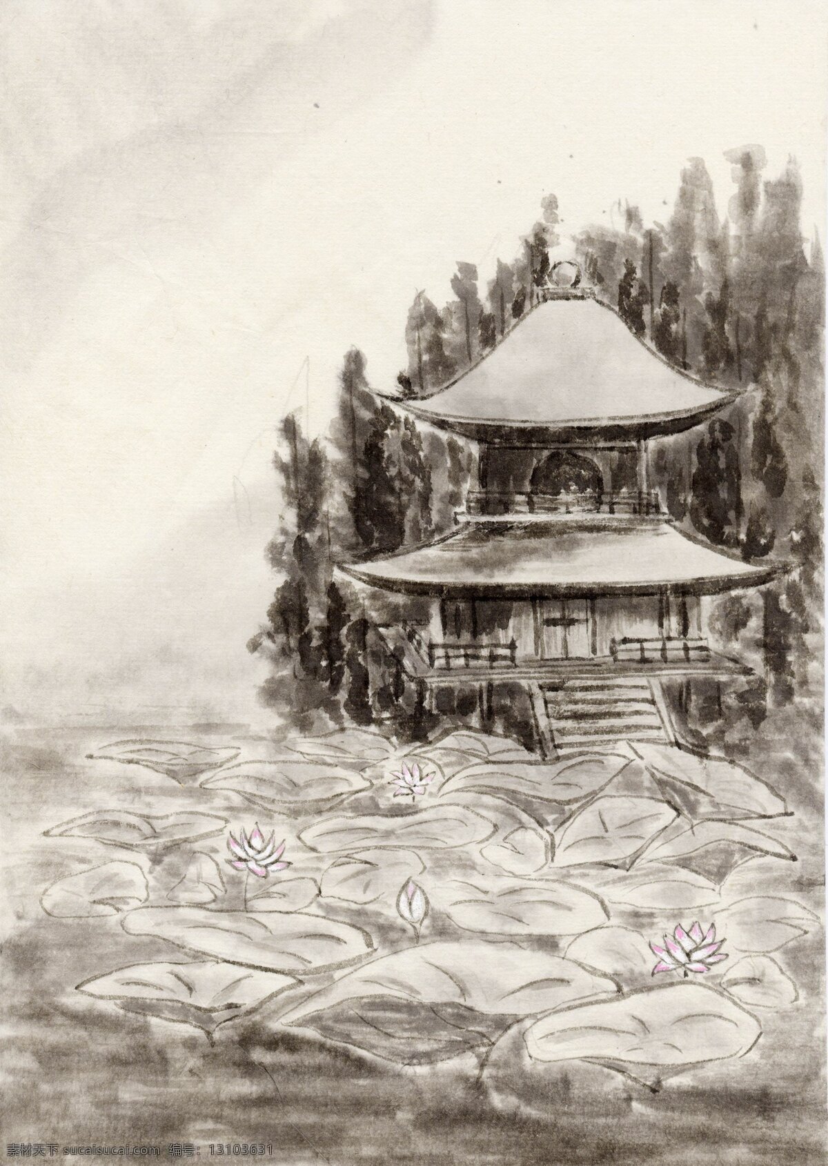水墨 荷花 山水 塔 家居裝飾素材 山水風(fēng)景畫