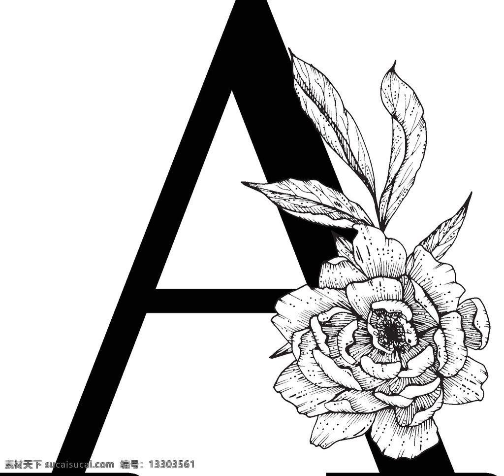 花卉装饰字母 字母a 黑白线描花朵 英文 字母 字体 花朵 鲜花 黑白 线描 素描 白描 创意设计 设计素材 矢量图 矢量素材 文化艺术 矢量 传统文化