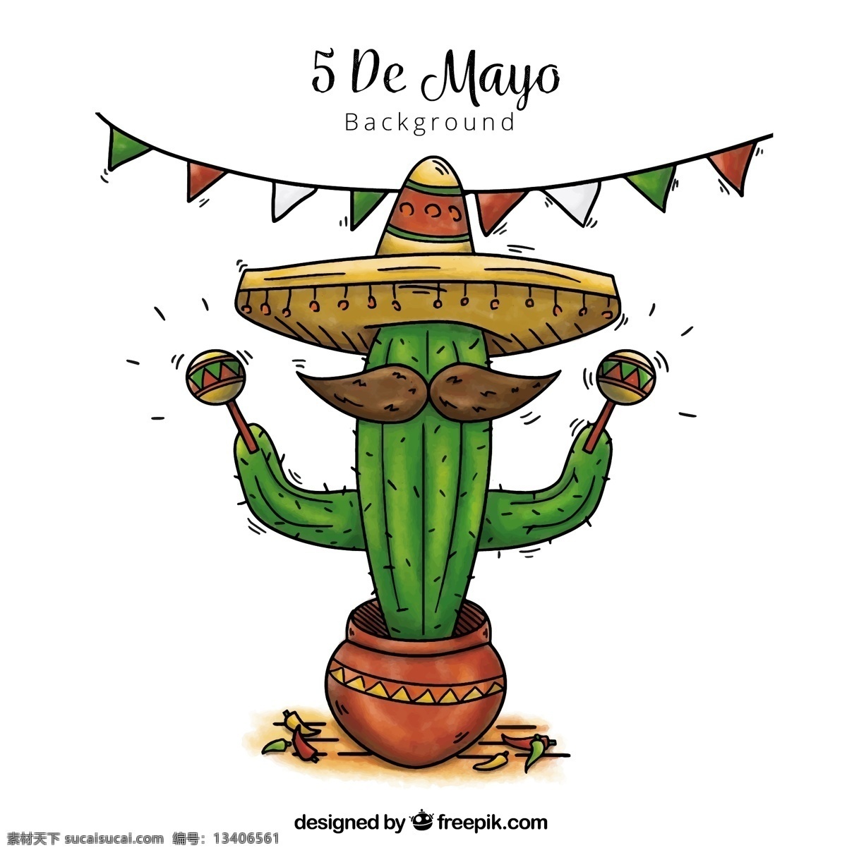 墨西哥 仙人掌 背景 水彩 派对 手 手绘 水彩背景 庆祝 假期 帽子 绘画 军队 文化 党的背景 胜利 节日