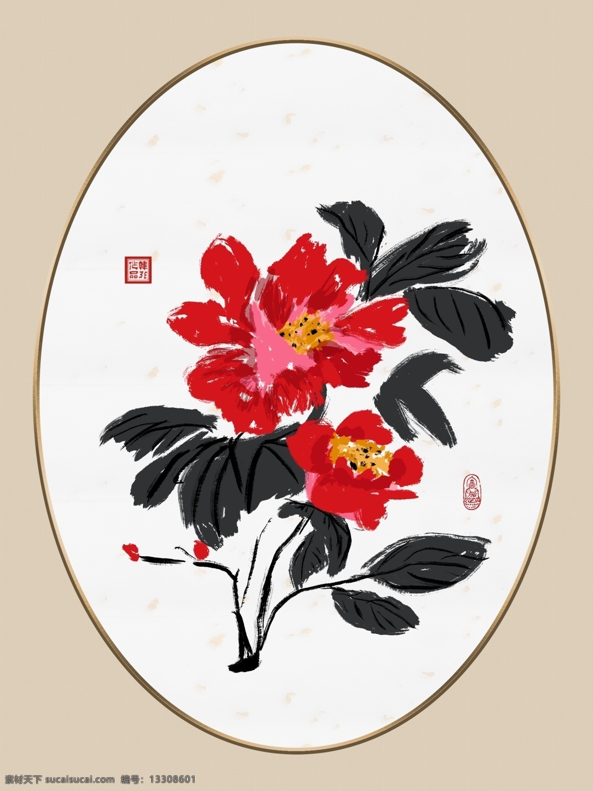 中式 復(fù)古 板 繪 水墨 紅 牡丹 鏡面 客廳 裝飾畫 手繪 板繪 紅牡丹 花開富貴 相框畫 米色 機理背景