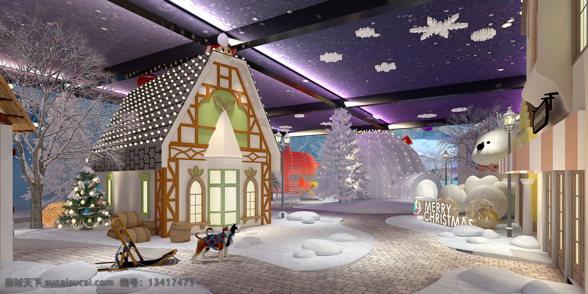 冰雪儿童乐园 雪花氛围 房子 狗熊 雪地运动 儿童体验 环境设计 室内设计