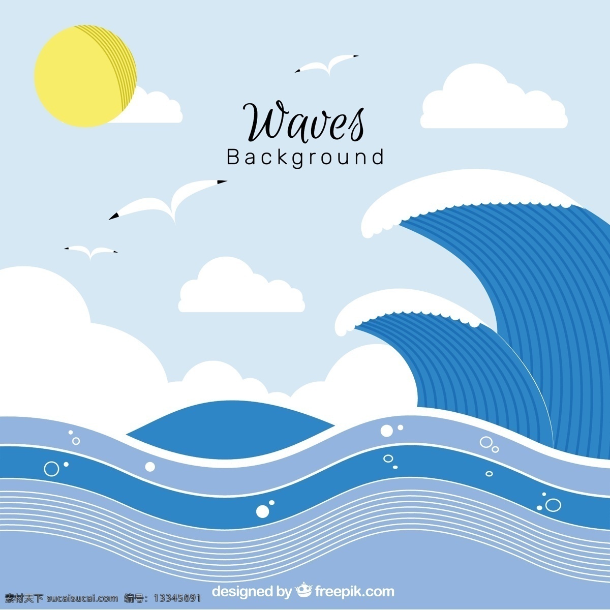 平坦的背景 波浪和海鸥 背景 抽象背景 抽象 水 夏季 自然 海洋 鸟类 太阳 波浪 云 平面 平面设计 自然背景 波浪背景 抽象波