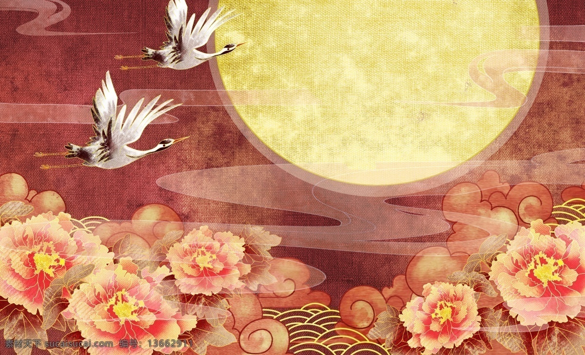 牡丹 花朵 仙鹤 刺绣 背景 海报 素材图片 古风背景