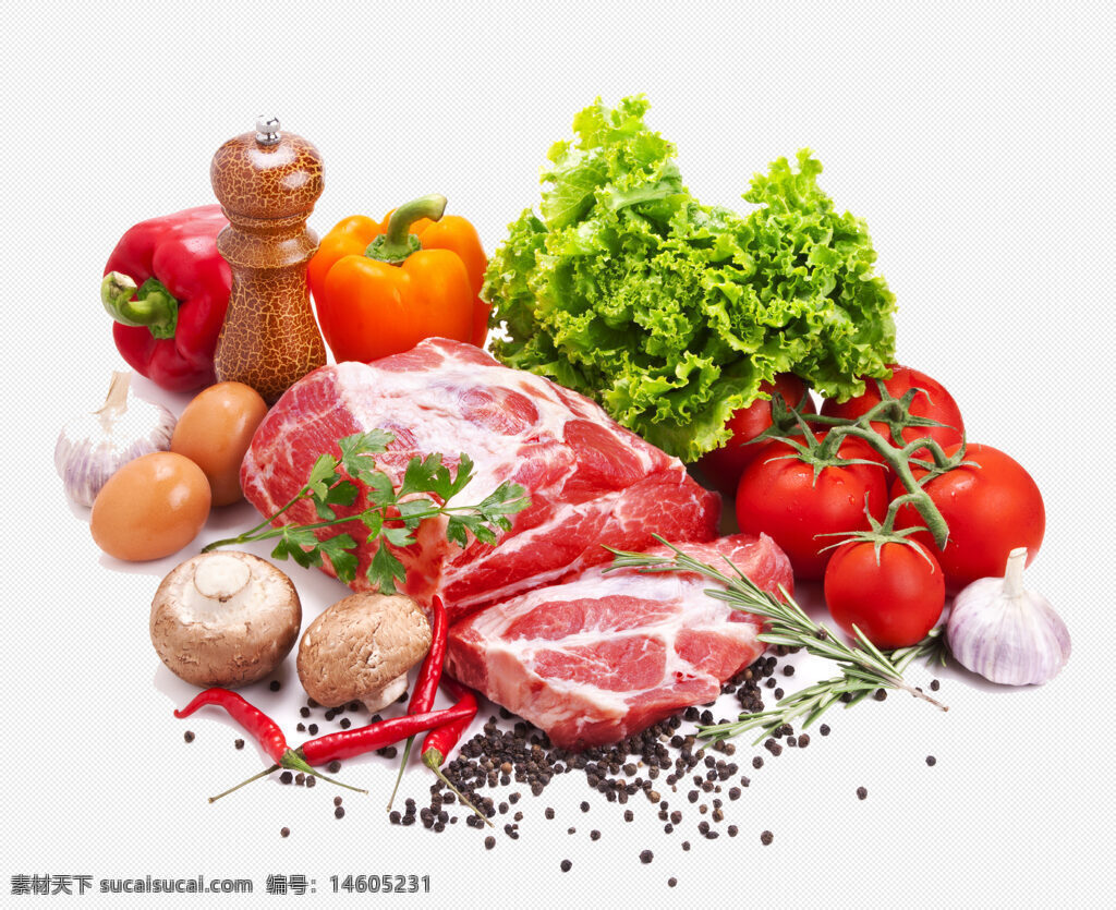 生牛肉 蔬菜 香料 食材 原料 番茄 彩椒 生菜 蘑菇 雞蛋 大蒜 辣椒 胡椒粉 歐芹 烹飪