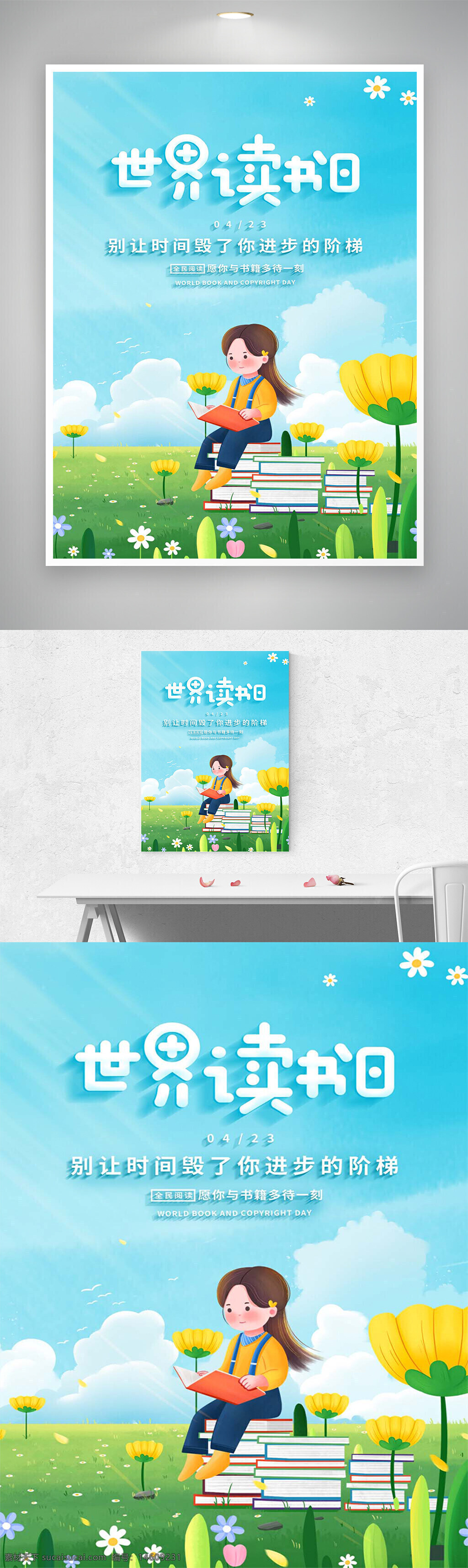 世界读书日 海报设计 节日宣传 卡通风格 清新手绘 创意海报 书籍推广 知识传播 阅读主题 教育文化 节日海报 手绘插画 读书宣传 图书版权 公益宣传