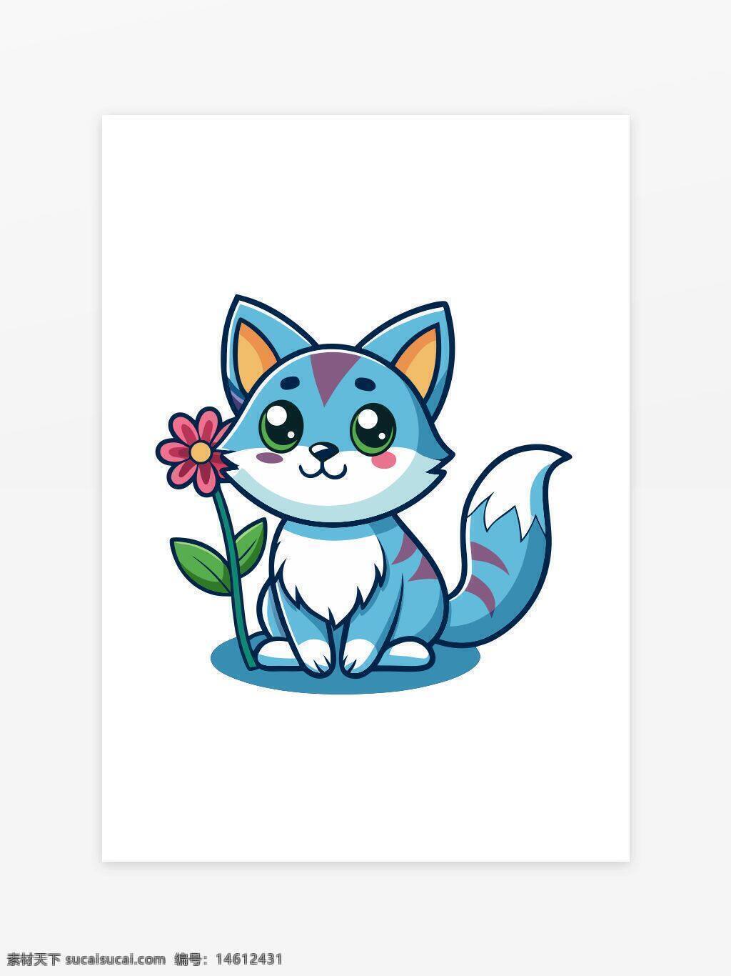 卡通動物 插畫風格 小貓咪 藍色貓 可愛風格 兒童插畫 花朵元素 萌寵設計 動物插畫 手繪風格 卡通形象 動漫風格 治愈系