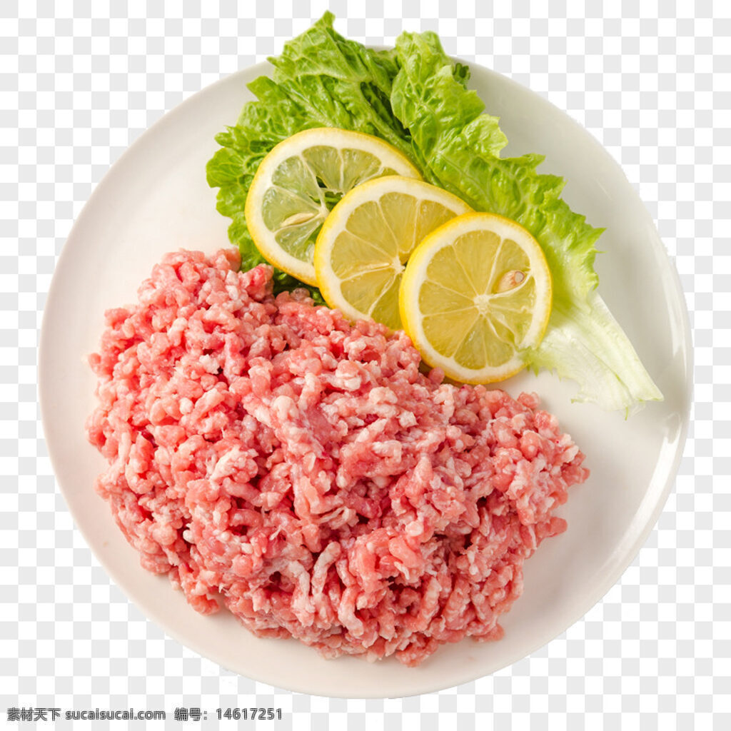 生豬肉餡 新鮮豬肉 肉餡食材 豬肉烹飪 生菜裝飾 檸檬片點綴 食材原料 家庭烹飪 生肉食材 肉類加工 健康食材 菜肴搭配