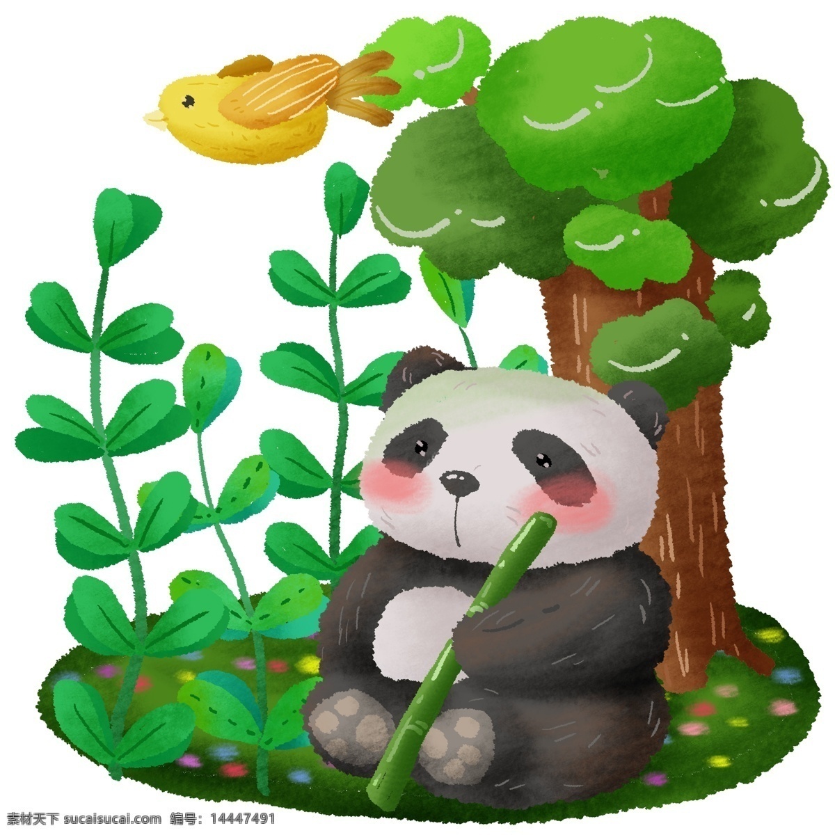 手绘 可爱 动物 大熊猫 森林 小鸟 熊猫 国宝 珍惜动物 环保 爱护 绿色 植物 绿植 大树 花草 草 黄色 黑白 熊