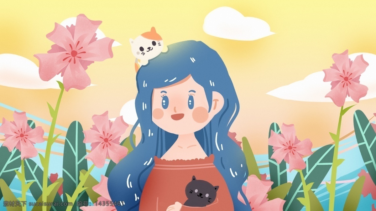 猫咪 宠物 少女 可爱 动物?；?花朵 浪漫 森林 粉色 动物 保护