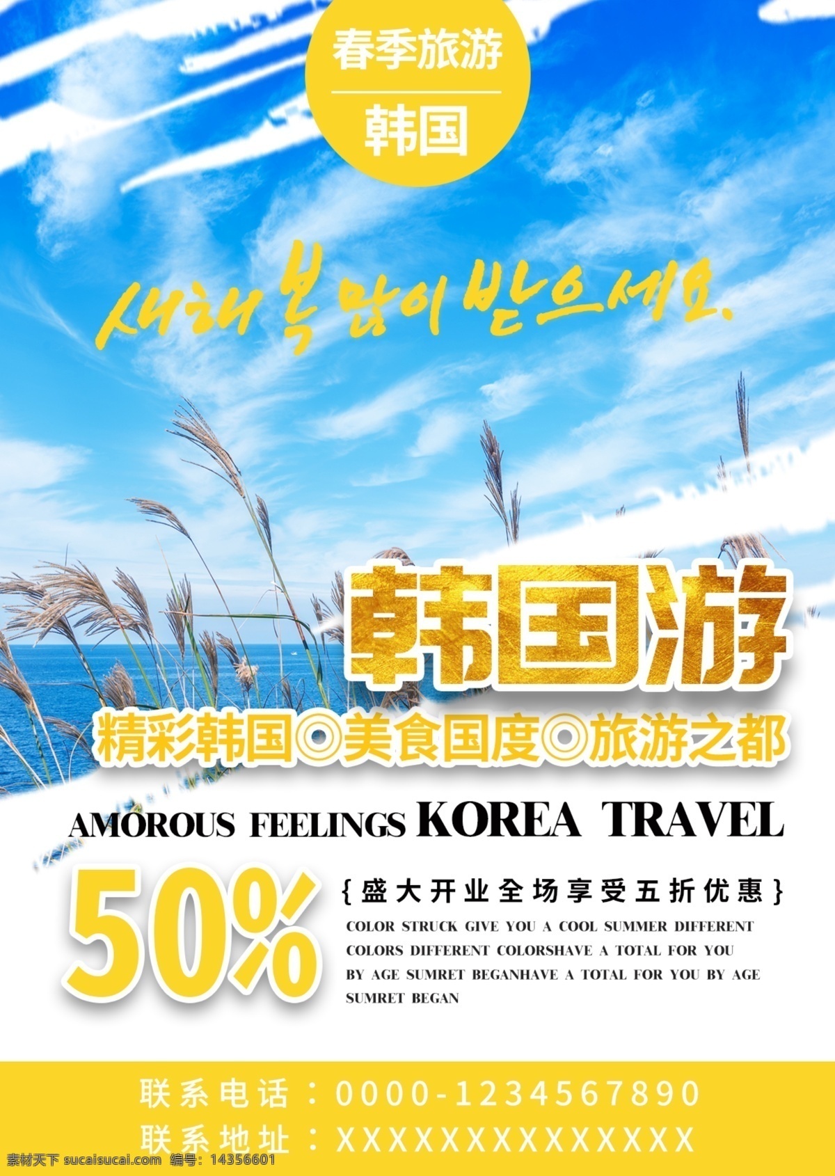 蓝色 简约 清新 韩国旅游 宣传单 韩国 旅游 春游 免费 模板