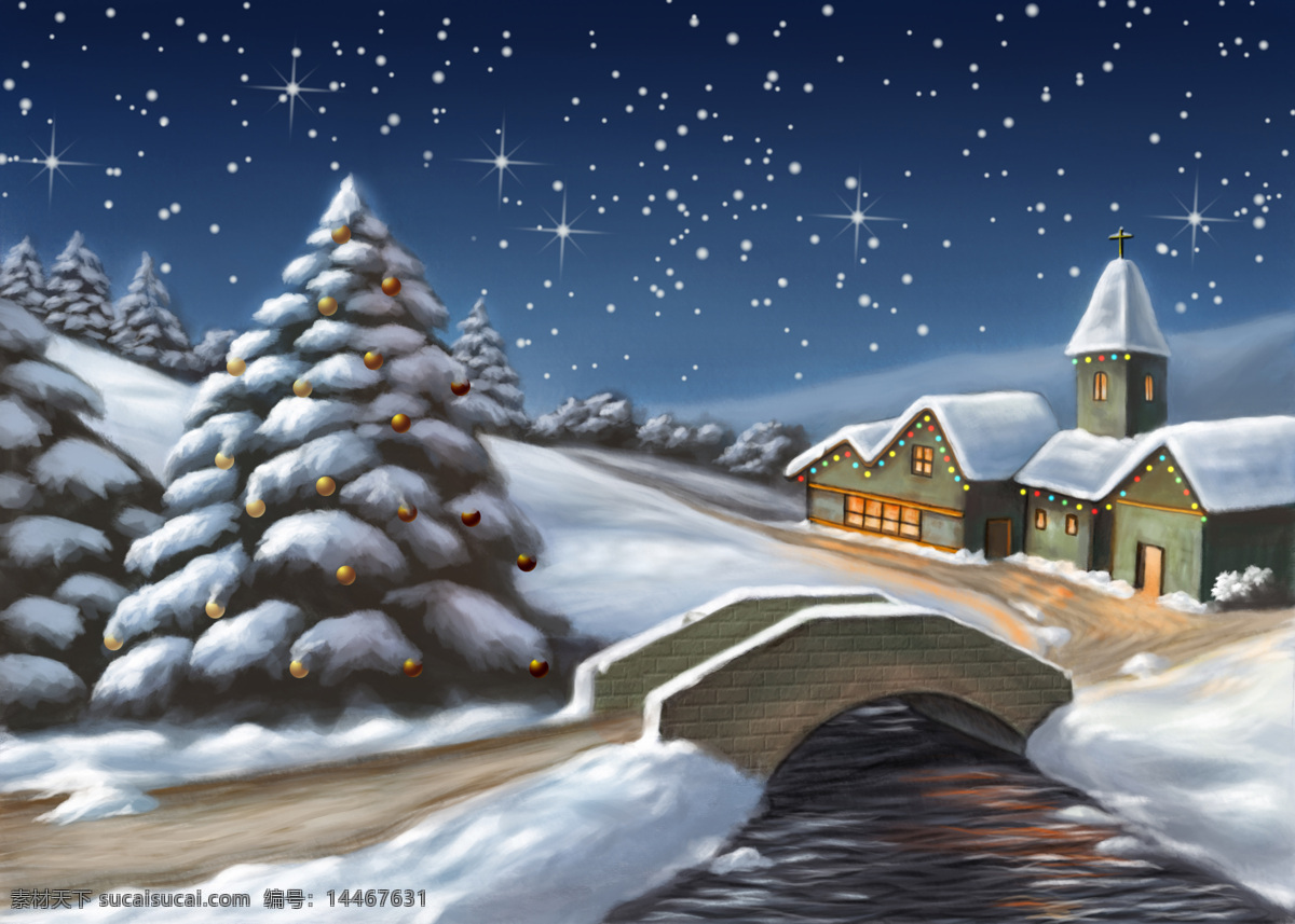 郊外 小屋 雪景 插画 郊外小屋 拱桥 河流 雪景图片 风景图片