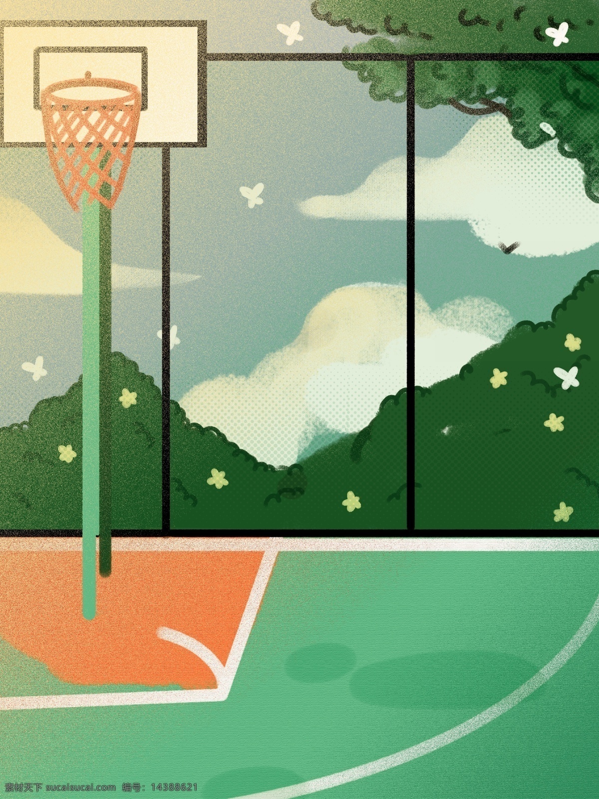 清新 篮球场 背景 绿色 打球 篮球架 背景设计 通用背景 psd背景 背景展板 背景展板图 创意