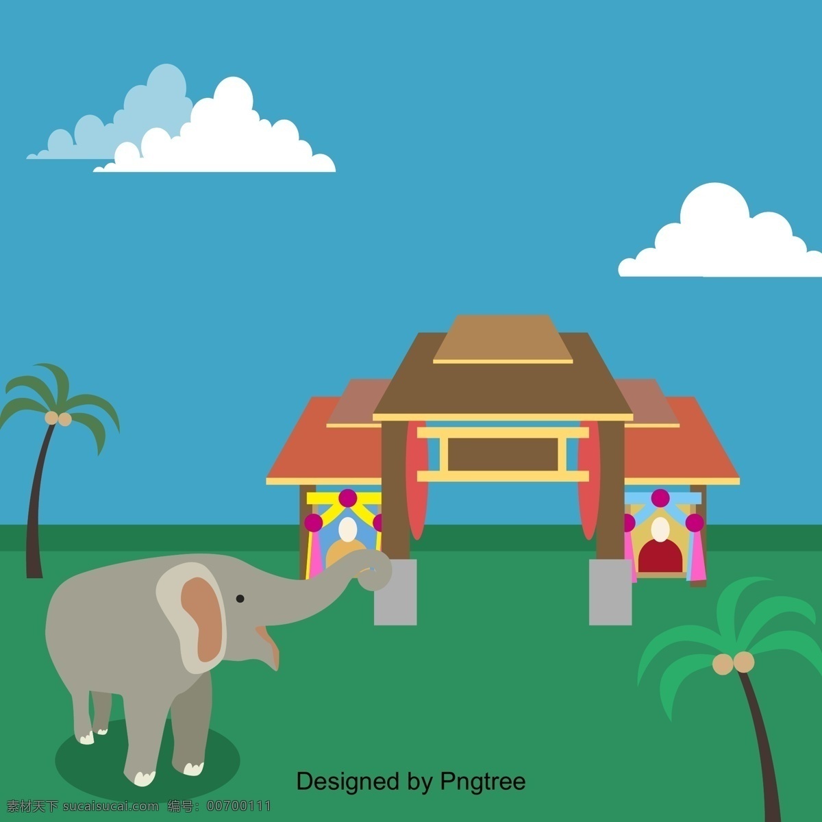 泰国 椰子树 建筑 大象 卡通 建筑物 动物