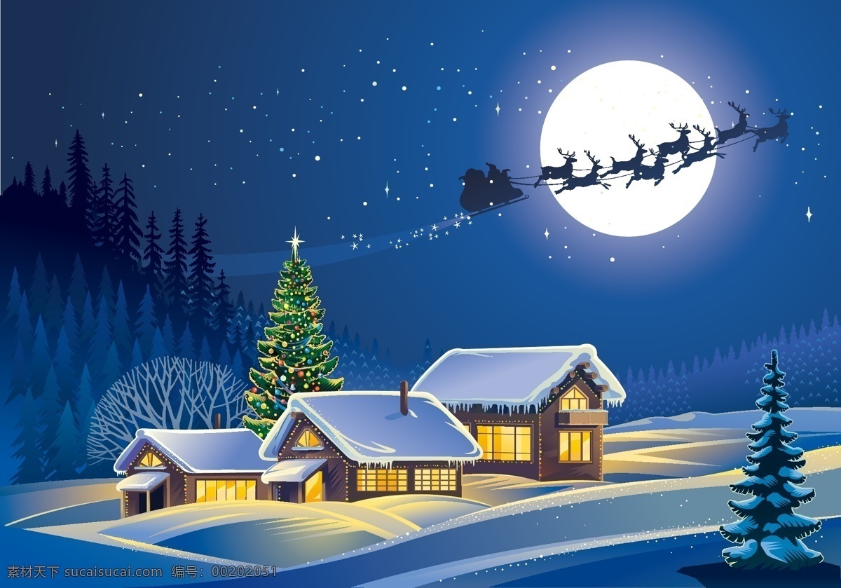 矢量 圣诞 雪景 夜景 背景 蓝色 圣诞节 村庄 圣诞老人 剪影 海报