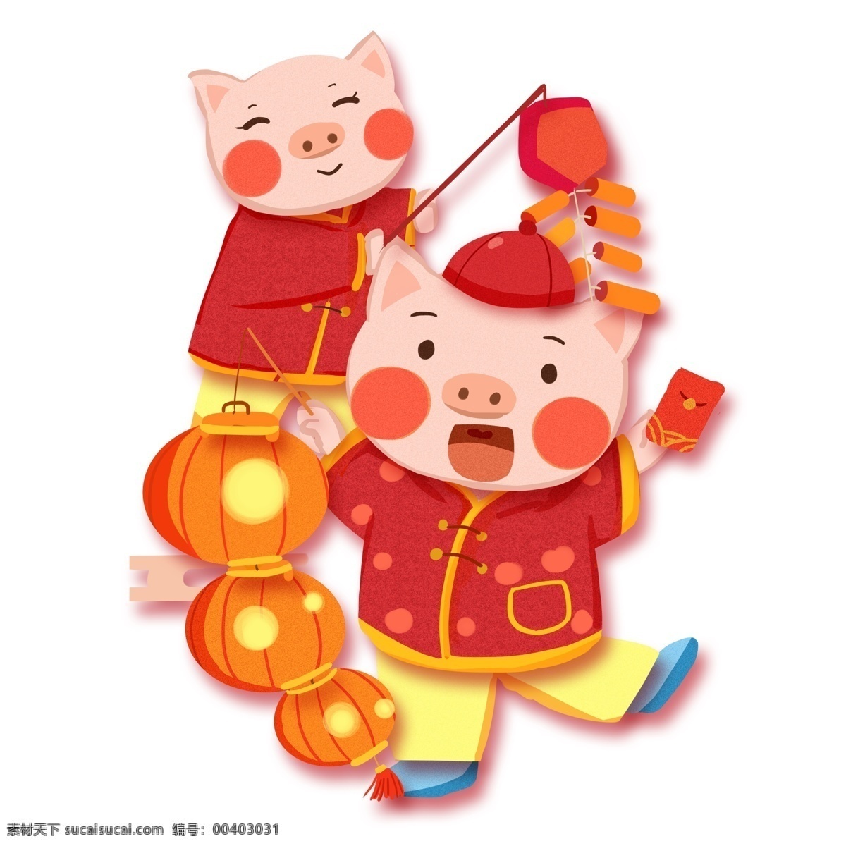 提 灯笼 鞭炮 欢欢喜喜 新年 猪 中国风 红色 喜庆 插画 过新年 卡通 猪年 炮竹