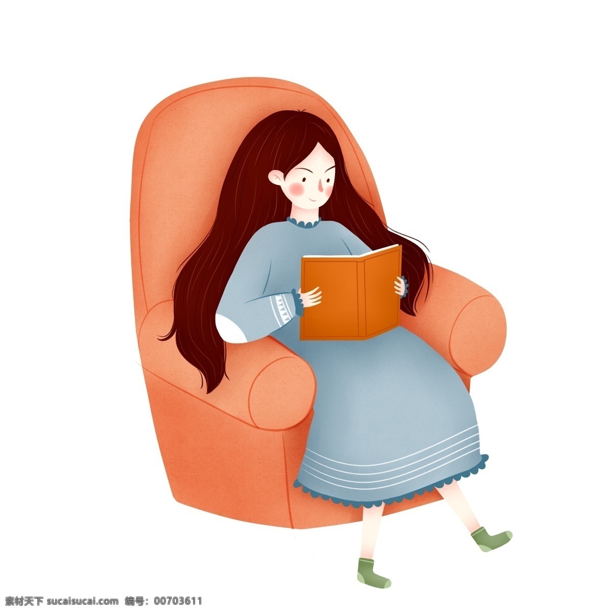 坐在 沙发 上 看书 女孩 元素 人物 简约 阅读 长发女孩 手绘 元素装饰 元素设计 psd元素