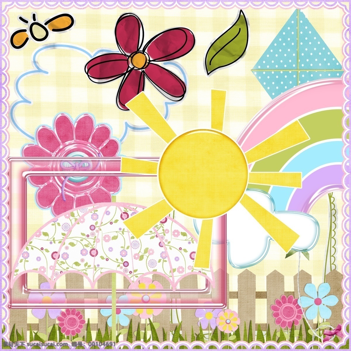 欧美 风格 可爱 太阳 花边 相框 雨伞 彩虹 蝴蝶 花朵 边框 云朵 风筝 蕾丝 分层 源文件