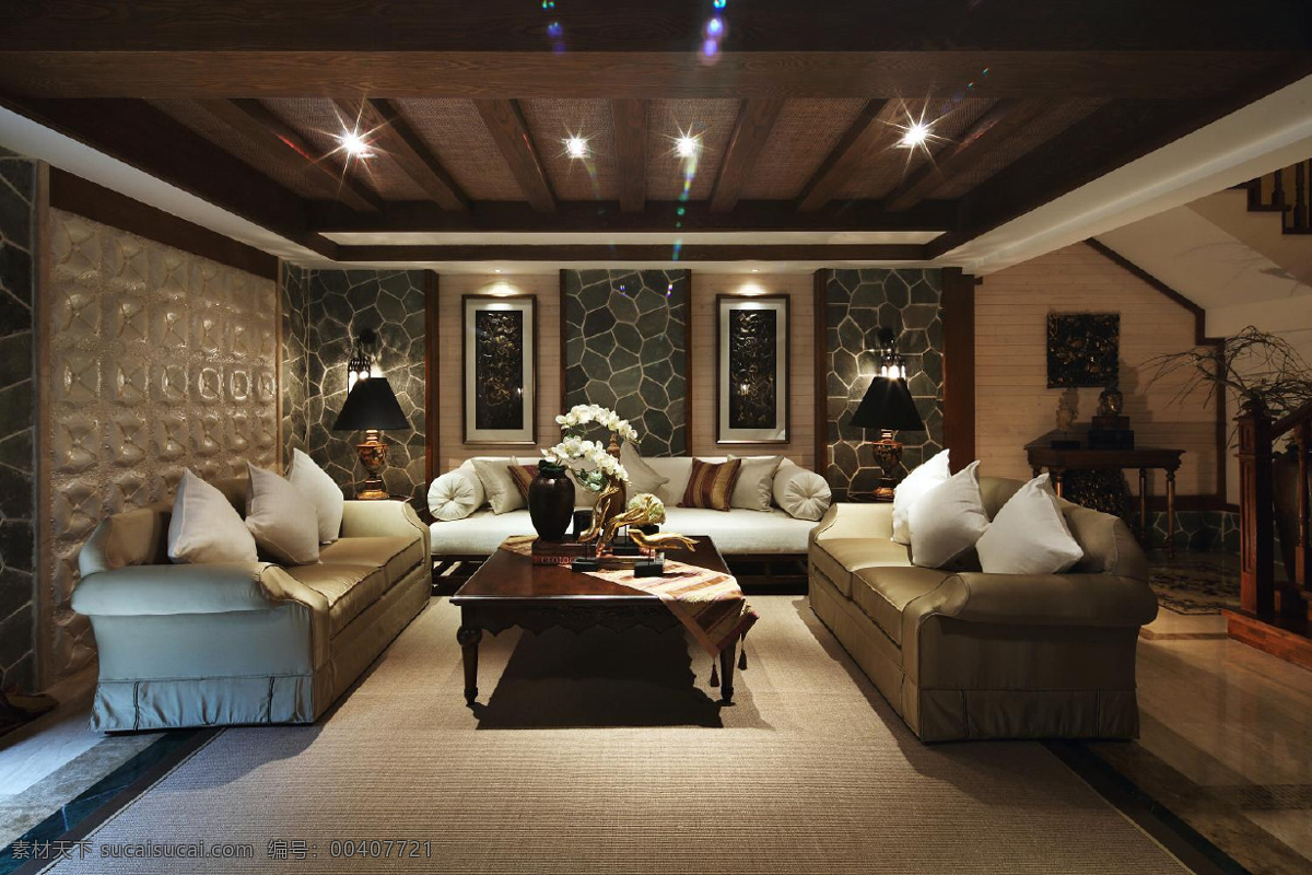 新 中式 客厅 实木 天花板 室内装修 效果图 客厅装修 白色地板 白色沙发 木制茶几