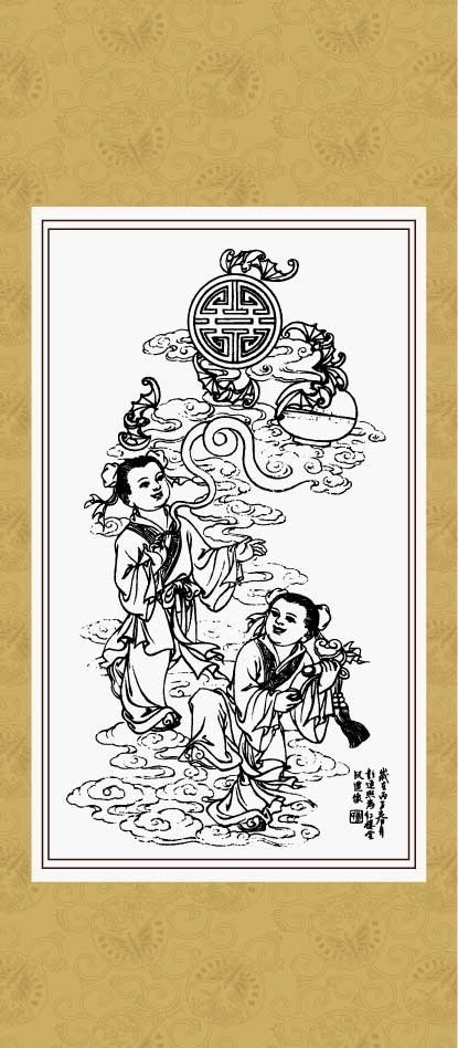 鬼狐仙怪 福寿图 线描 白描 绘画 工笔 国画 人物 传统纹样 民间故事 传统文化 文化艺术 矢量