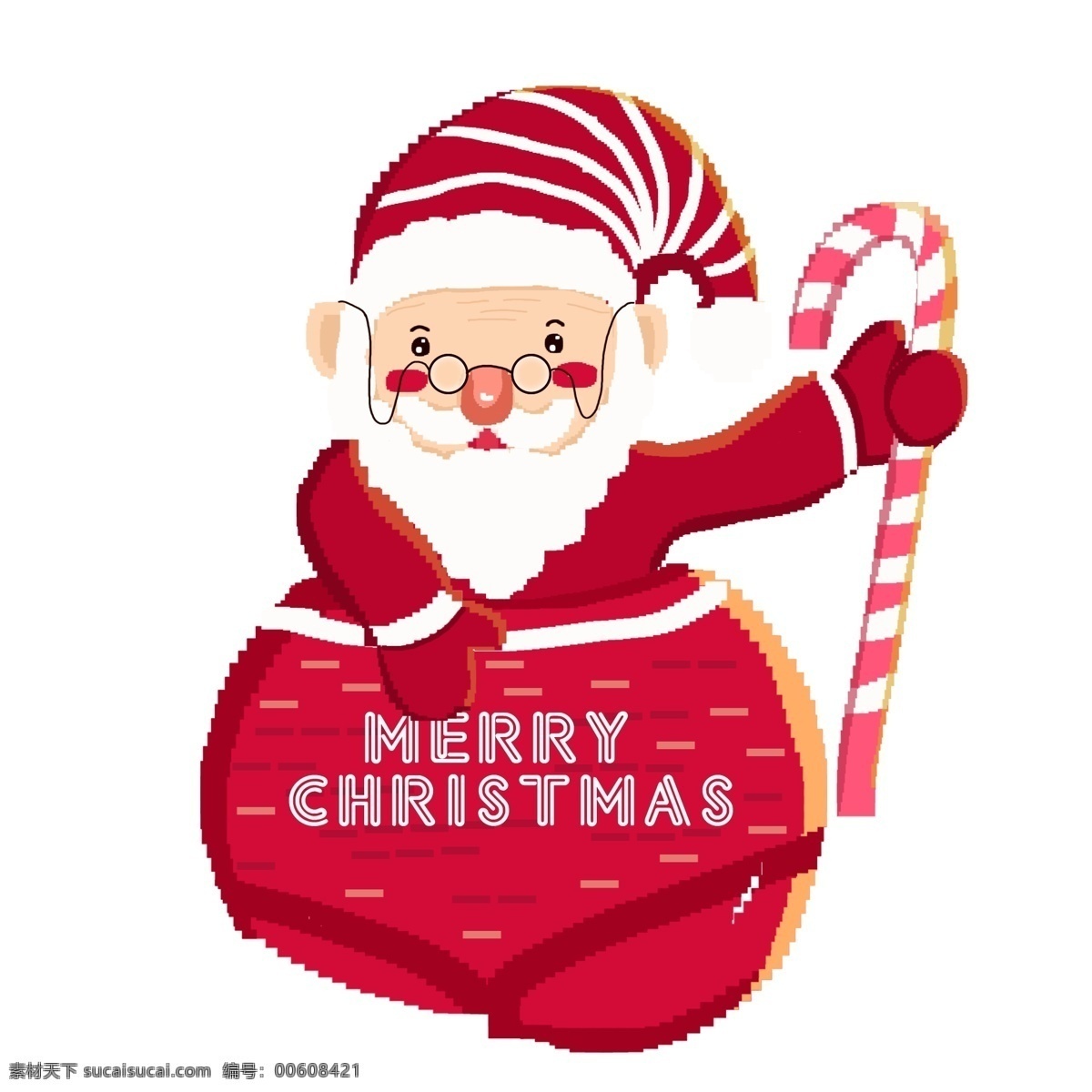 复古 像素 化 麻袋 里 圣诞老人 红色 卡通 christmas 像素化 80年代复古 拐杖糖果 礼物袋 merry