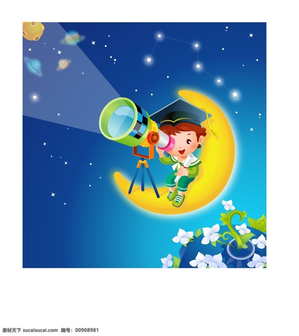 看 星星 插画 童话 望远镜 月亮 矢量图 矢量人物