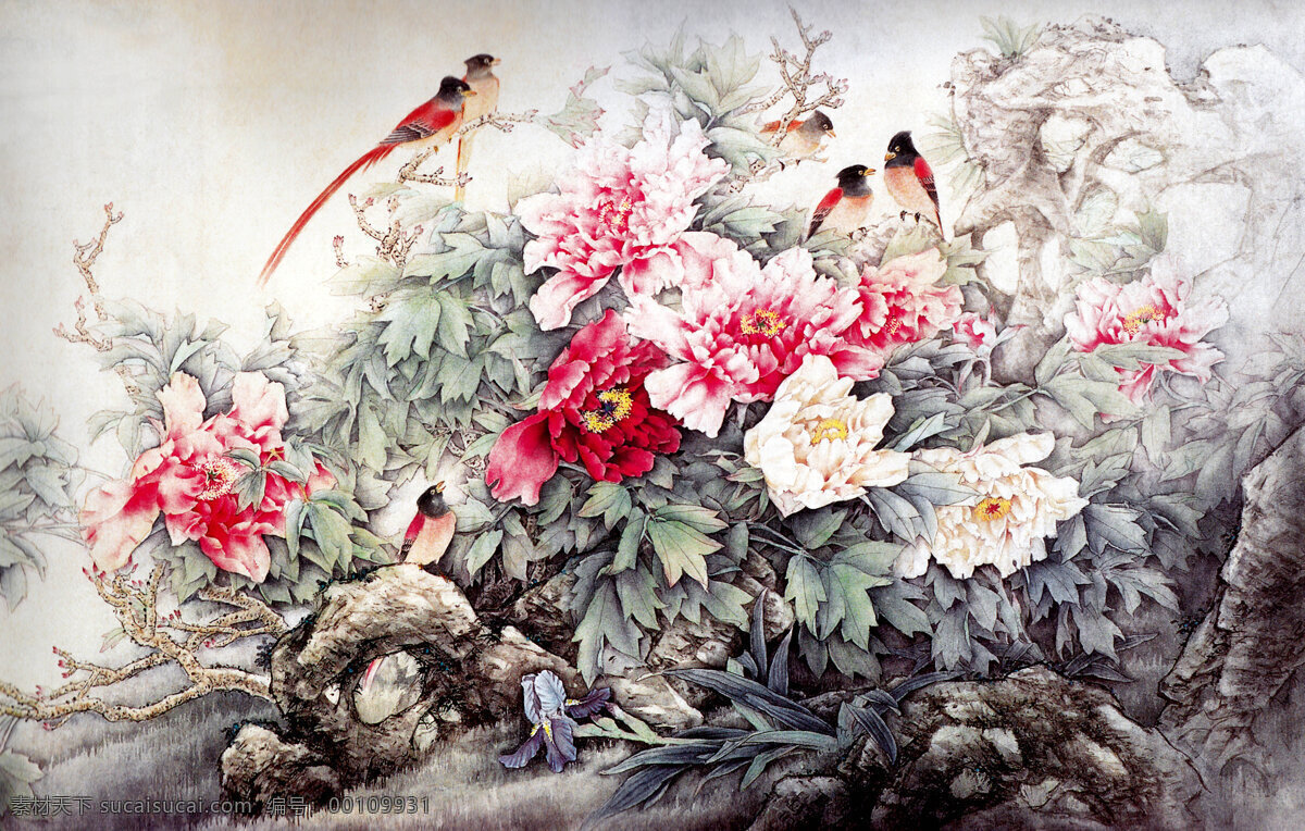 富贵多寿 画 中国画 工笔重彩画 花卉画 现代国画 红尾雀 花木 牡丹花 白牡丹 黄牡丹 红牡丹 叶子 花香 浓艳 芬芳 牡丹园 国画艺术 书法 印章 国画集16 绘画书法 文化艺术