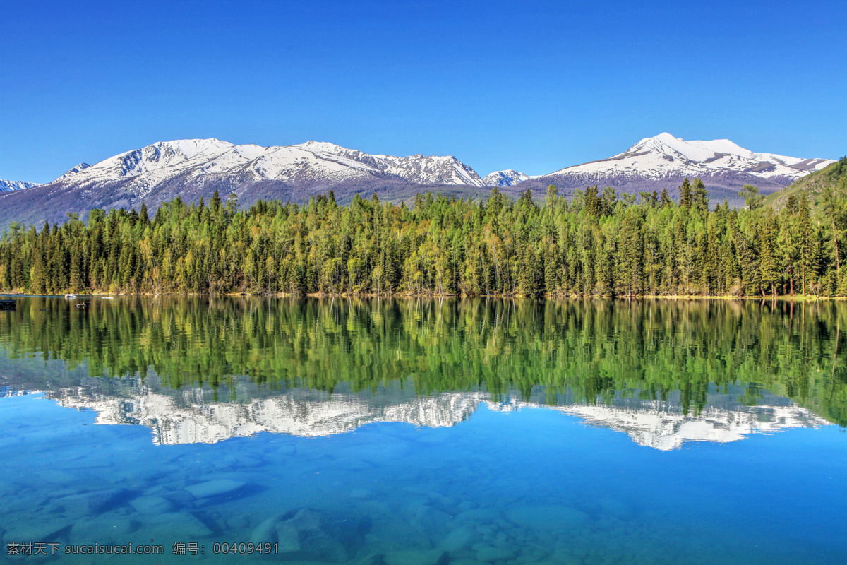 新疆喀纳斯 新疆 北疆 阿勒泰 喀纳斯 雪山 白桦林 湖泊 倒影 水面 蓝天 风光 旅游摄影 国内旅游