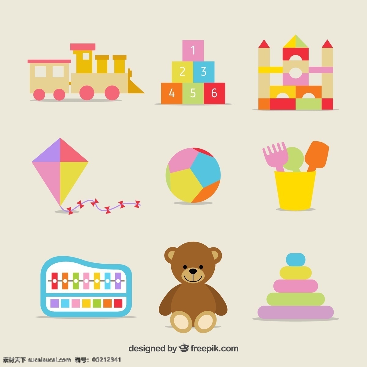 彩色玩具图标 玩具图标 玩具火车 积木 城堡 风筝 皮球 玩偶熊 玩具 图标