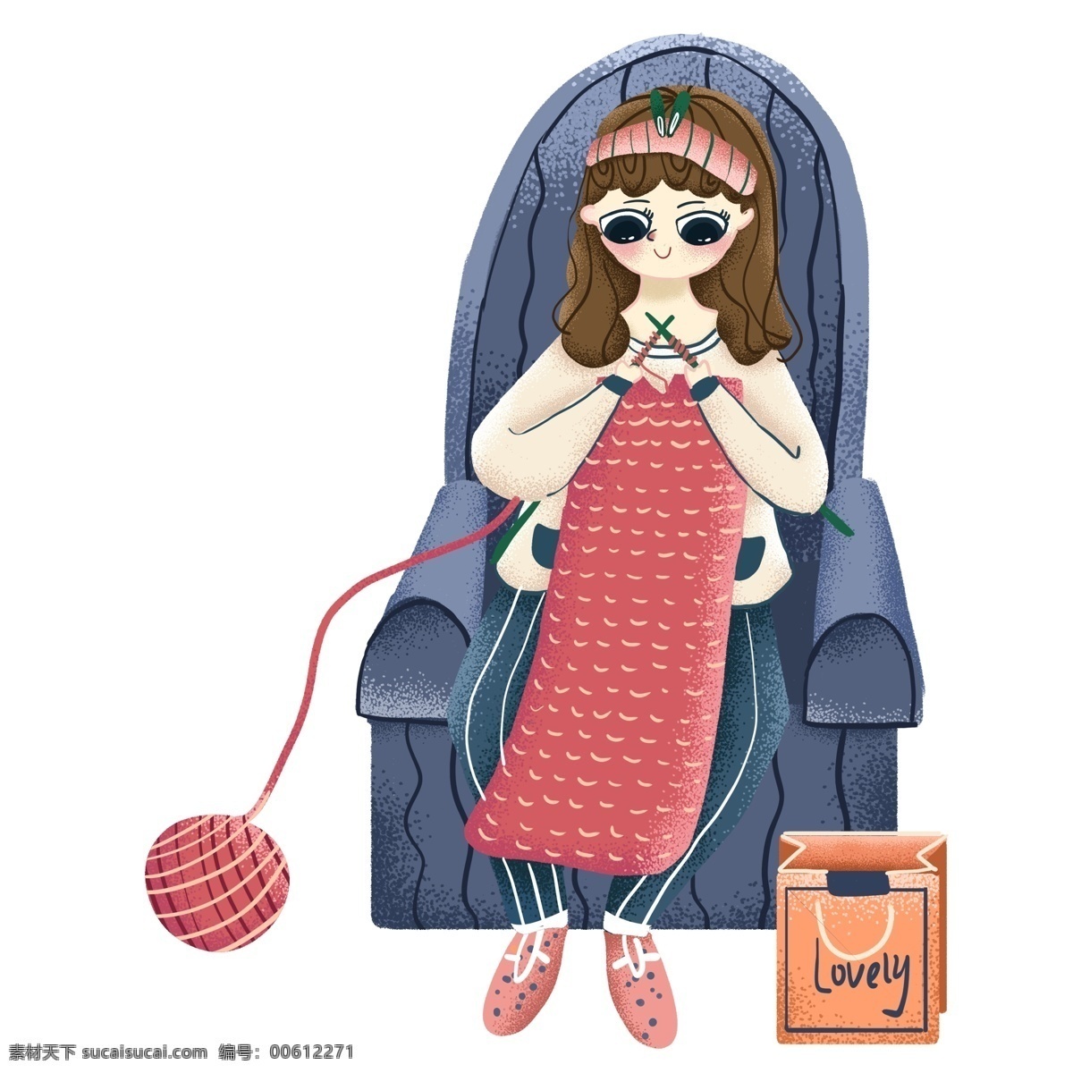 彩绘 坐在 沙发 上 织 毛衣 女孩 插画 人物 女生 复古肌理 织毛衣 宅女 宅家生活