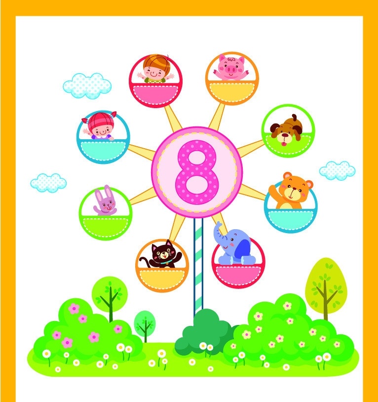 卡通转盘 装盘 小象 小熊 小狗 小猫 小猪 小兔 小女孩 卡通设计 矢量