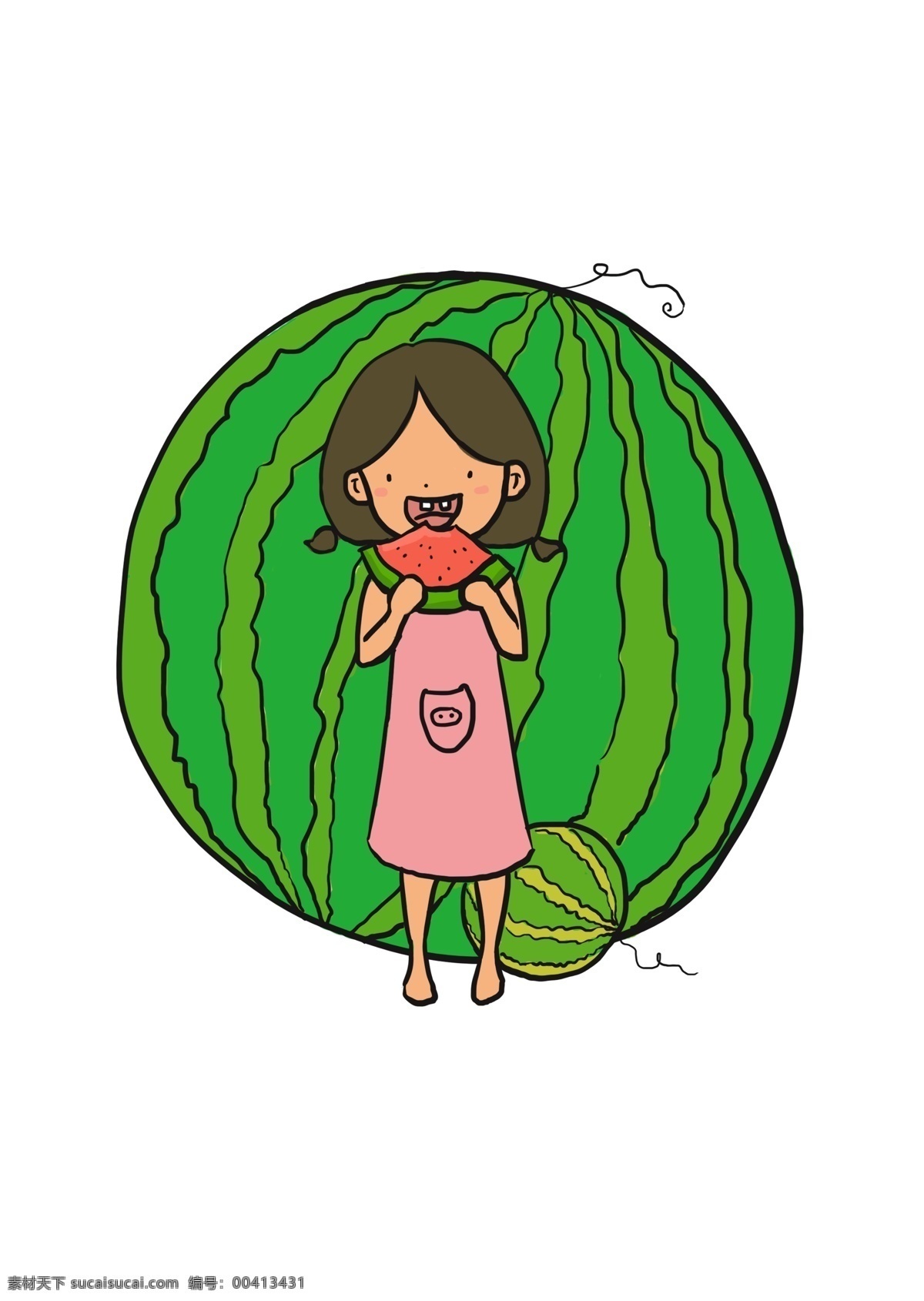 小女孩 站 大 西瓜 前面 吃 吃西瓜 夸张风大西瓜 清凉 夏季 小女孩吃西瓜 卡通手绘