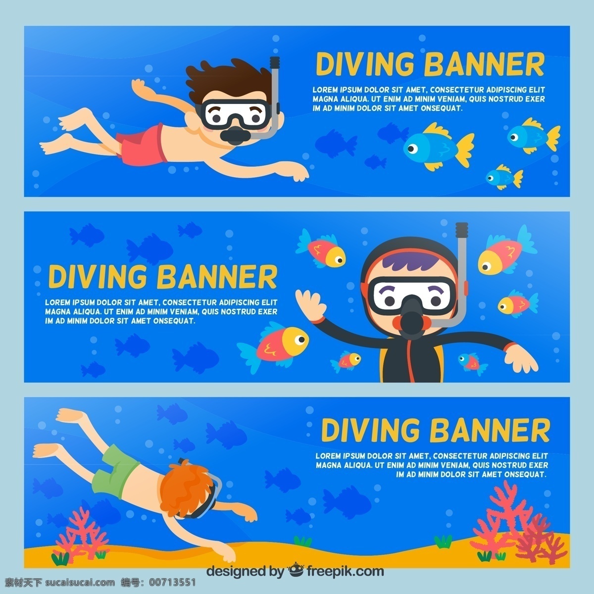 款 卡通 潜水 人物 banner 矢量 鱼群 珊瑚 大海 男子 海底 鱼儿