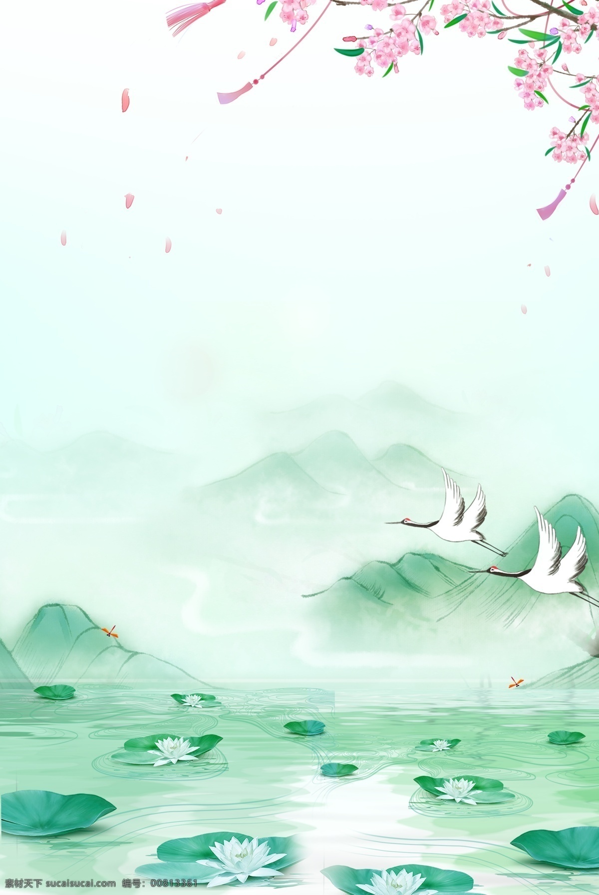 淡雅 山水 绿色 春天 春意 背景 清新 卡通 插画 植物 文艺 花卉